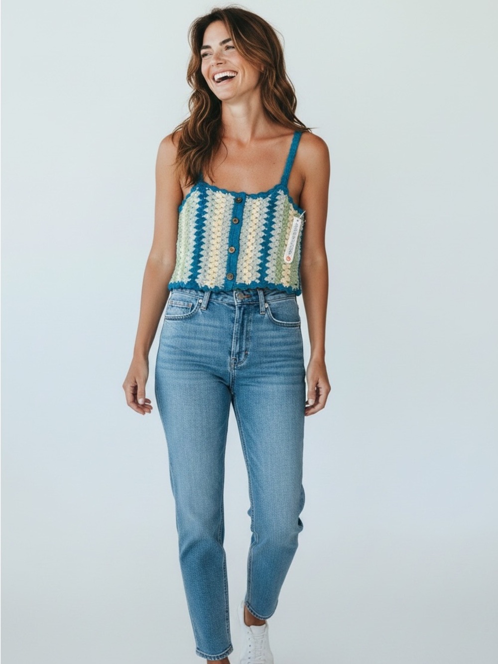 Sisstrevolution Crochet Sweater Knit Tank Cropped Blue & Green Small Beach NWT